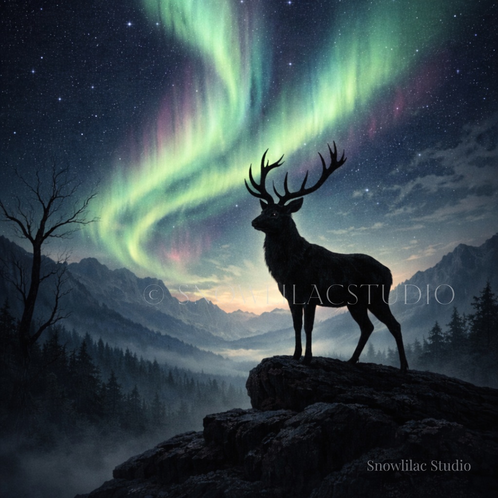 オーロラの空を見上げる鹿 | デジタルアート