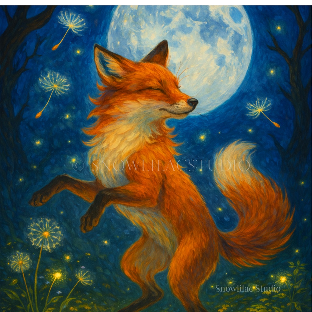 月夜に舞うキツネ – 静かな森の夢 ｜デジタルアート