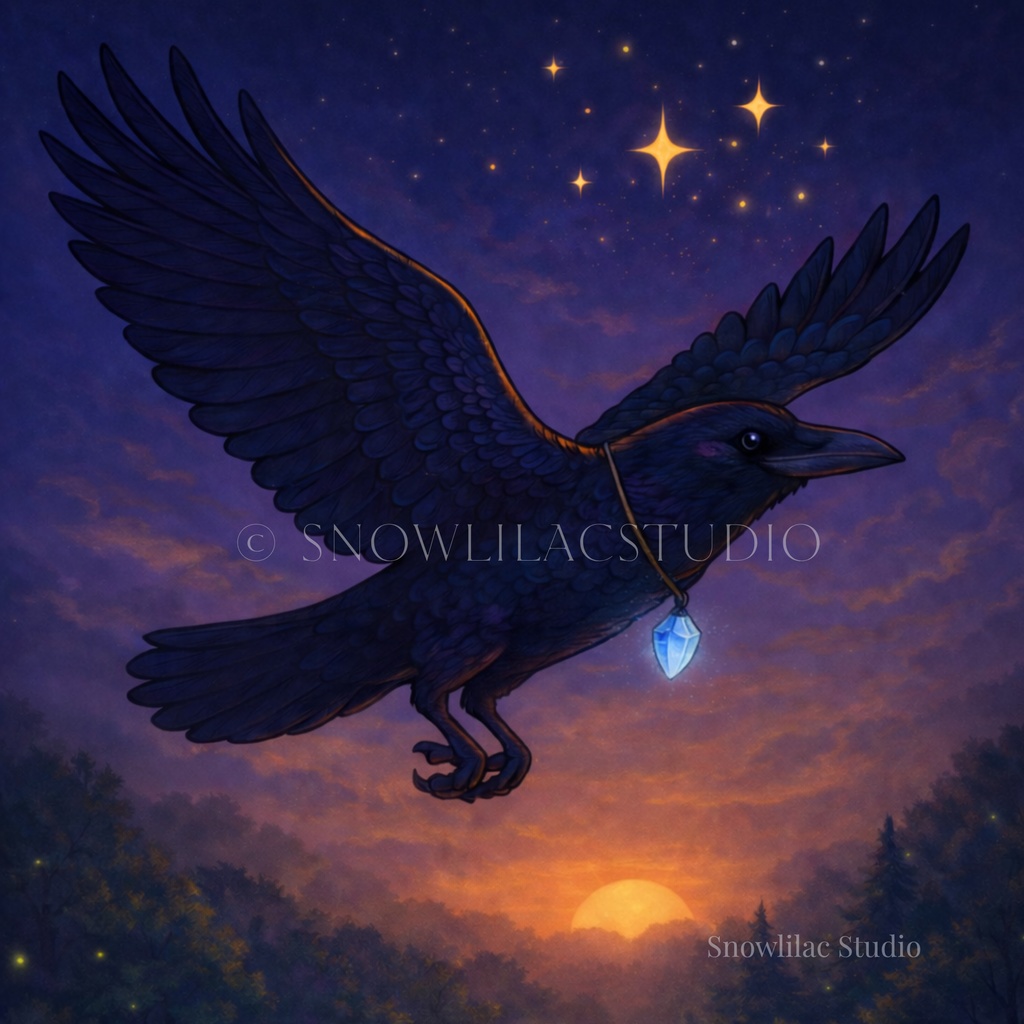 夕暮れの空を翔ける守護のカラス | デジタルアート