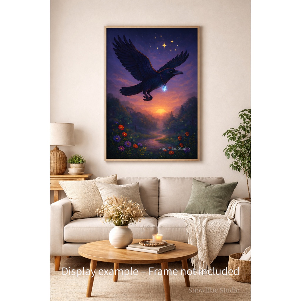 夕暮れの空を翔ける守護のカラス | デジタルアート