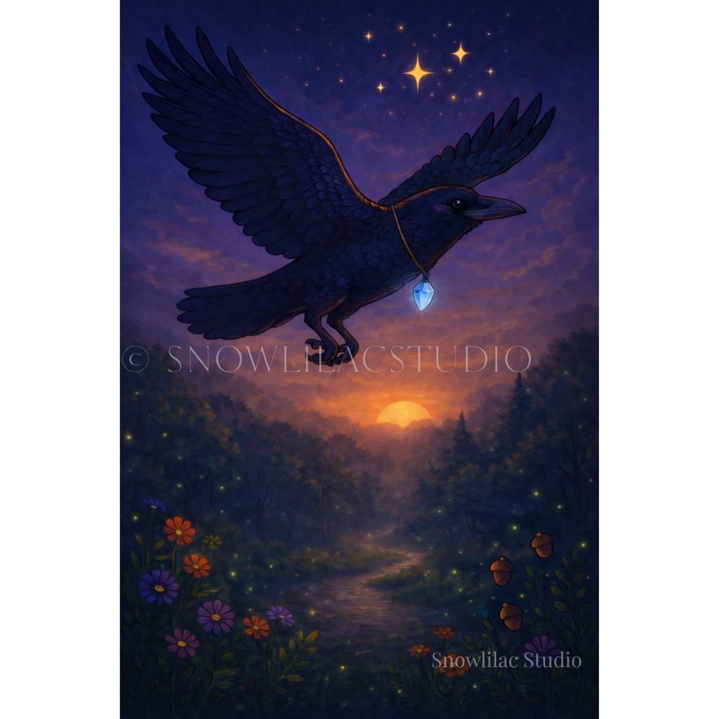 夕暮れの空を翔ける守護のカラス | デジタルアート