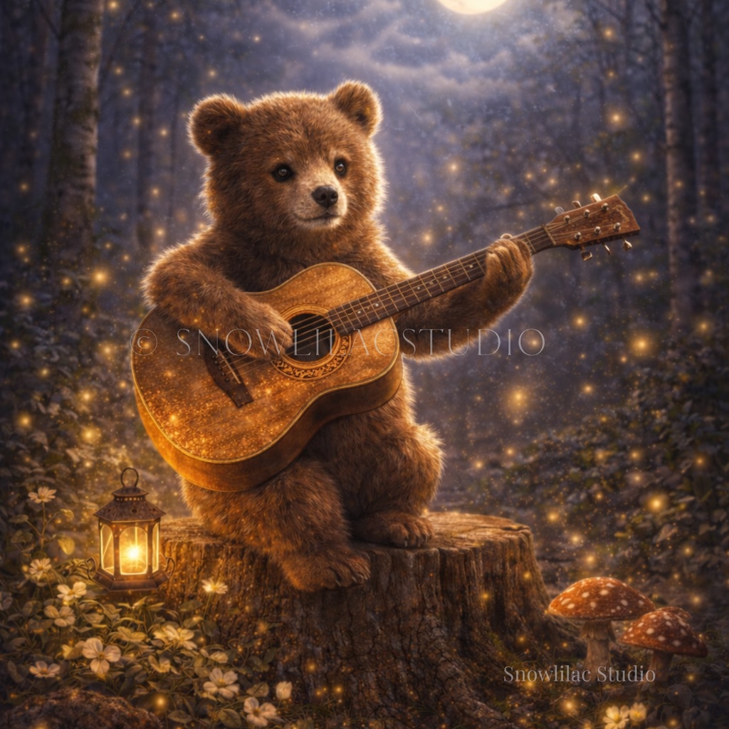月夜に奏でるクマの音色 – Forest Bear Playing Guitar