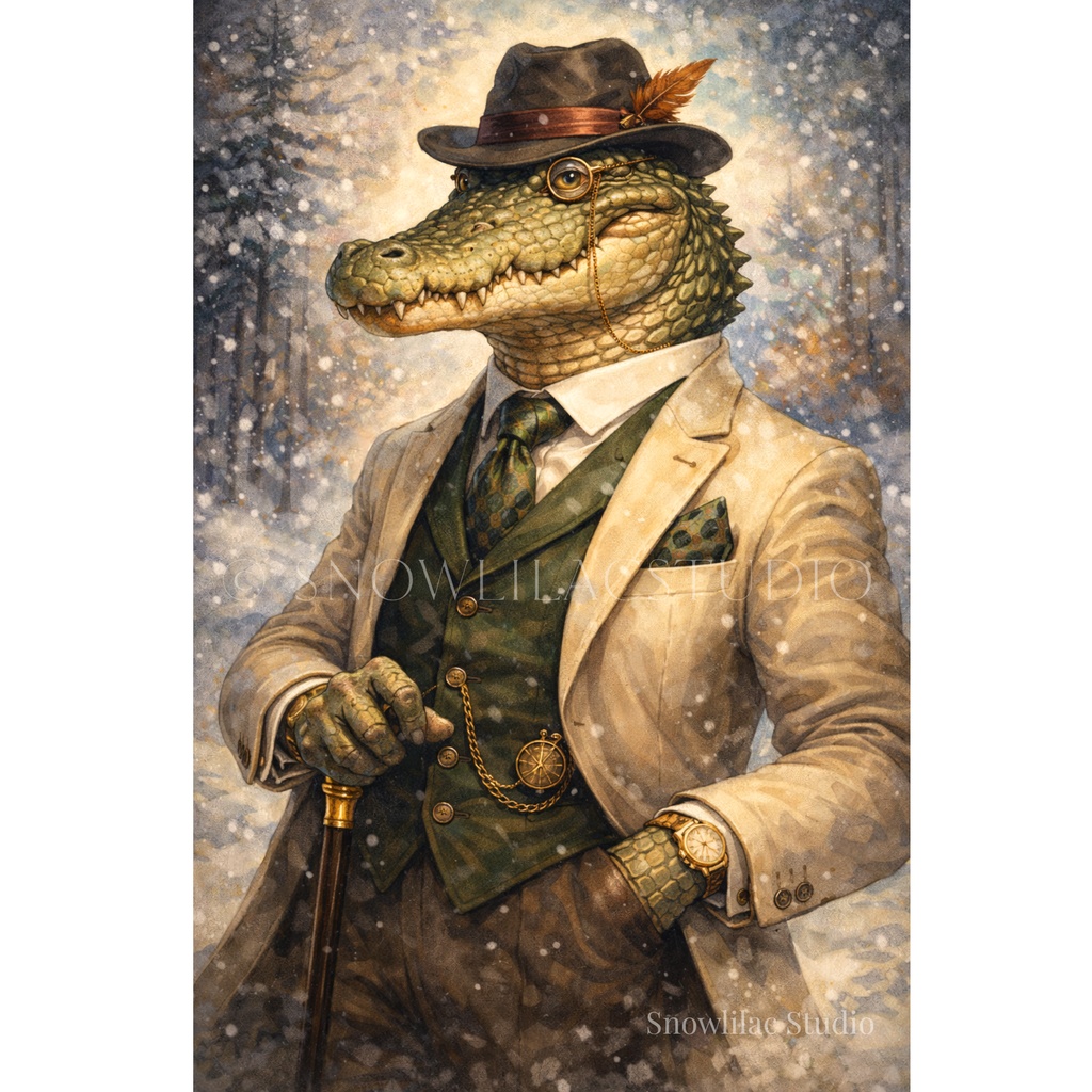紳士ワニの静かな冬の肖像| デジタルアート