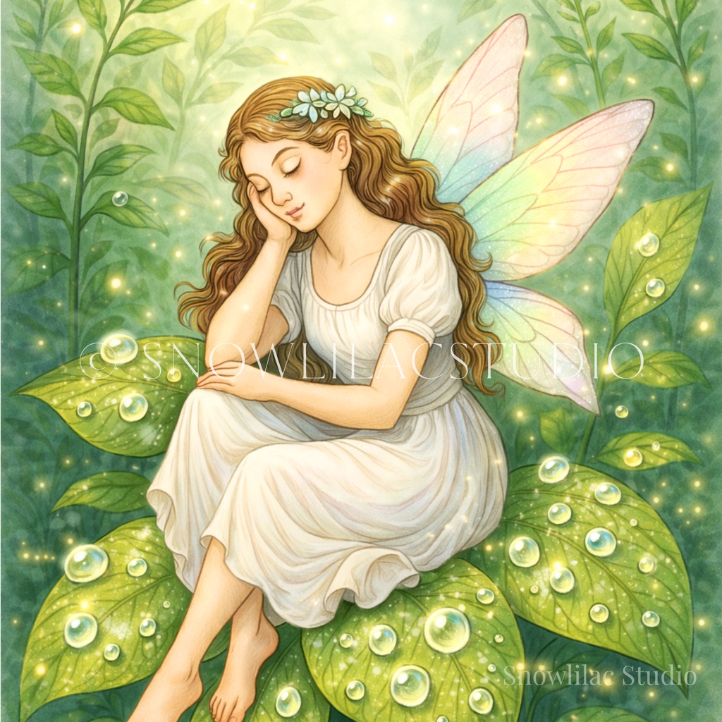 露に濡れた葉の上で眠る妖精 - デジタルアート