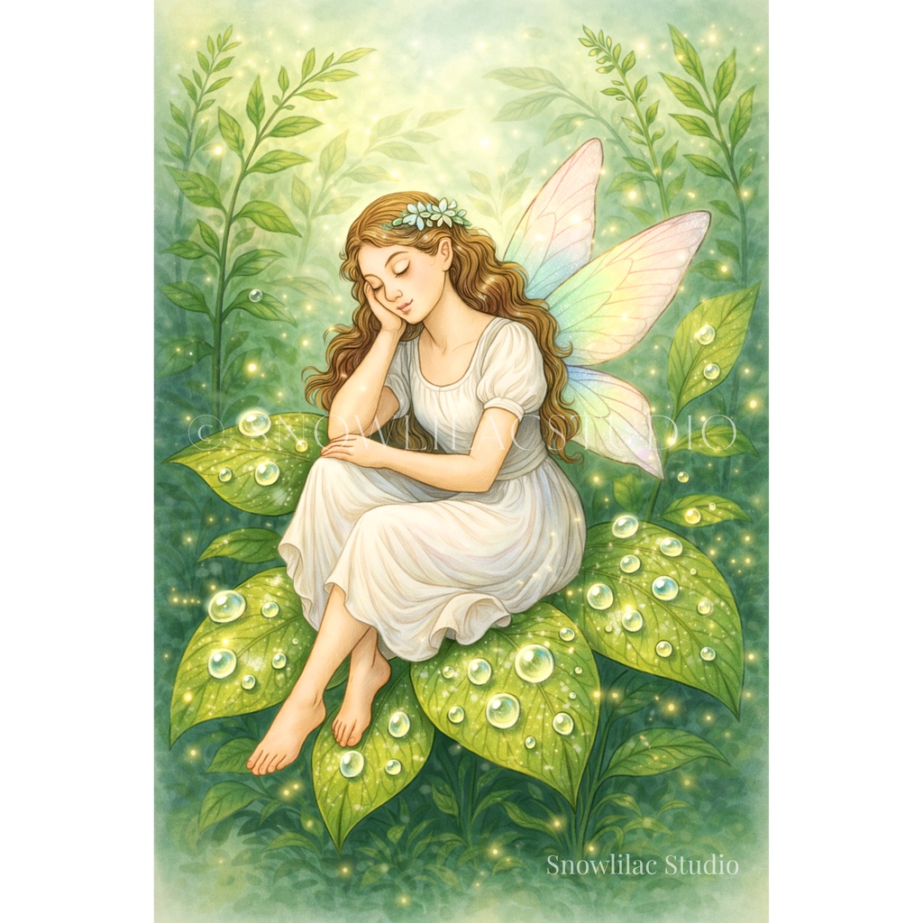 露に濡れた葉の上で眠る妖精 - デジタルアート