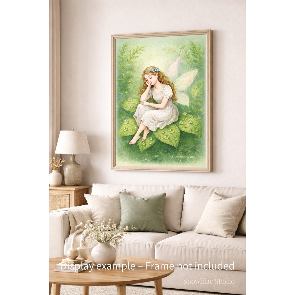 露に濡れた葉の上で眠る妖精 - デジタルアート