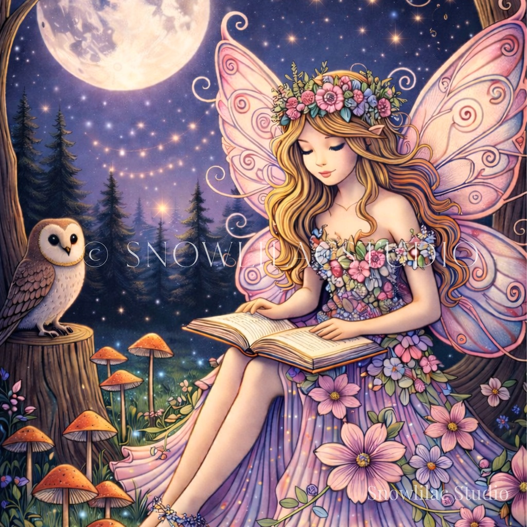 月光の森で本を読む妖精