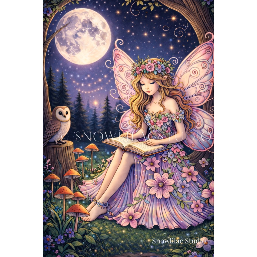 月光の森で本を読む妖精