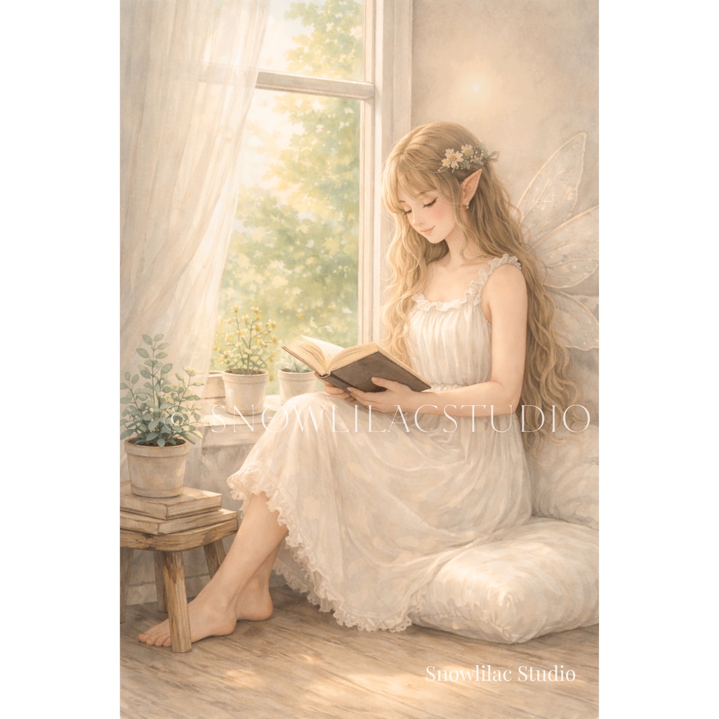 窓辺で本を読む妖精 — 静かな光のひととき