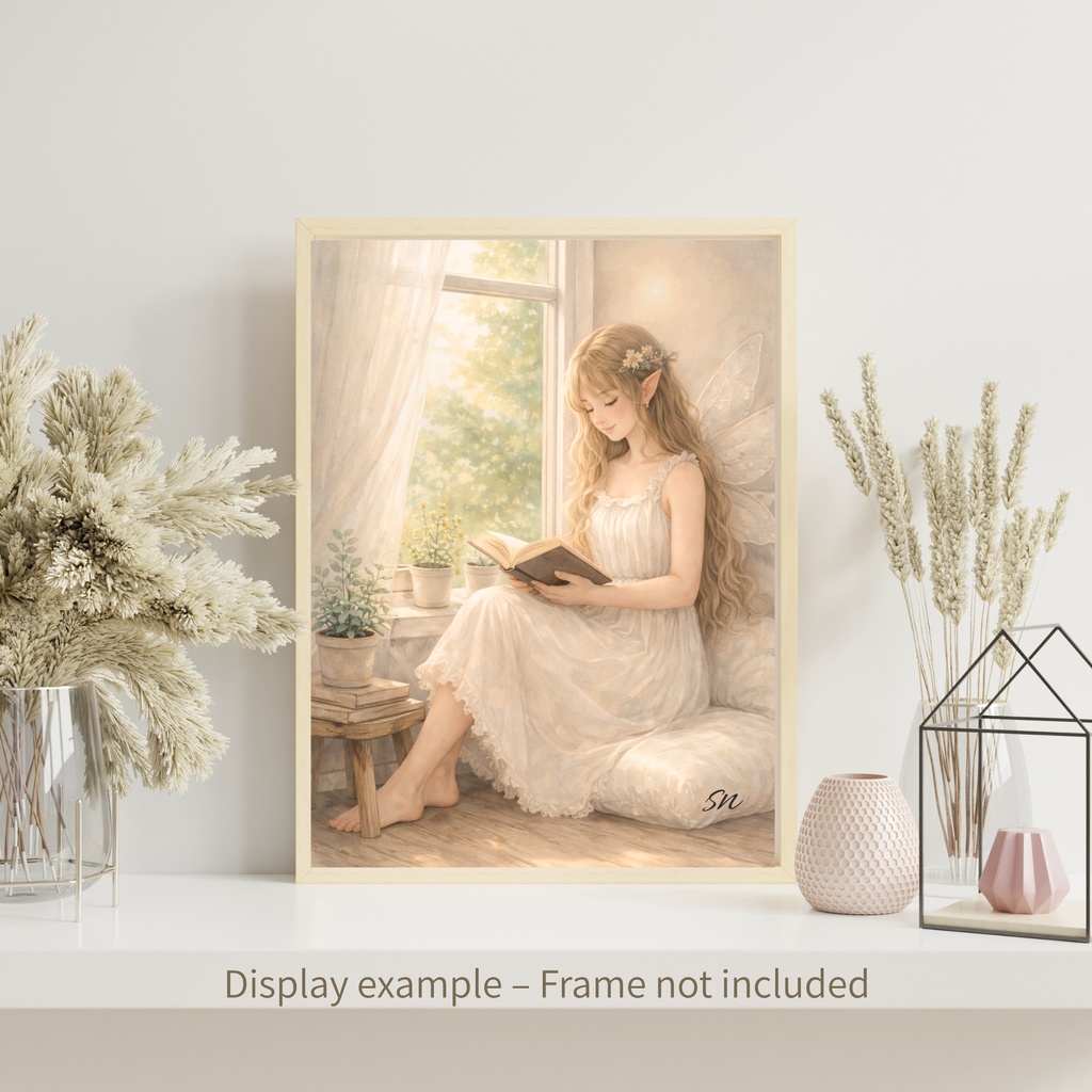 窓辺で本を読む妖精 — 静かな光のひととき