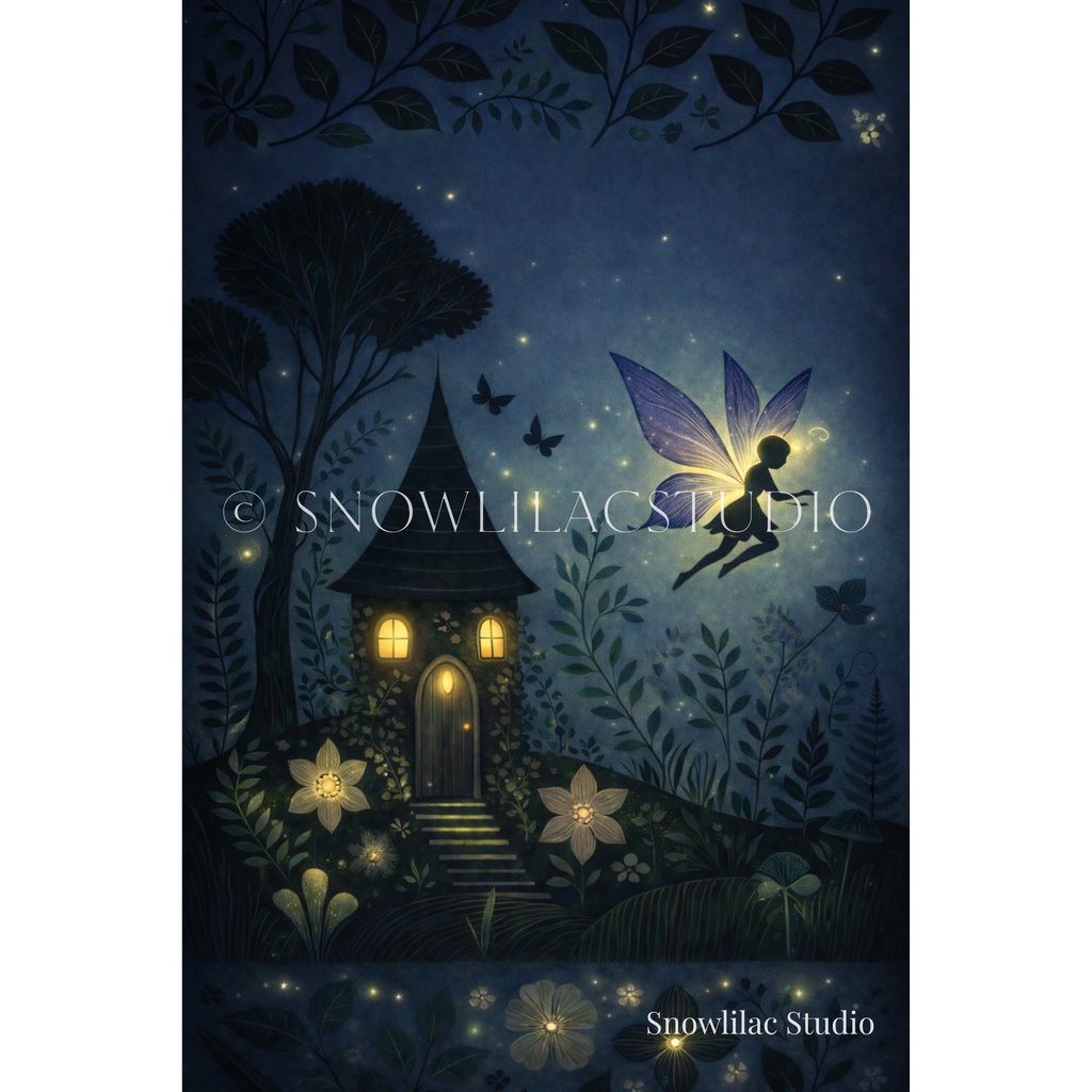 夜の森に灯る小さな家と妖精
