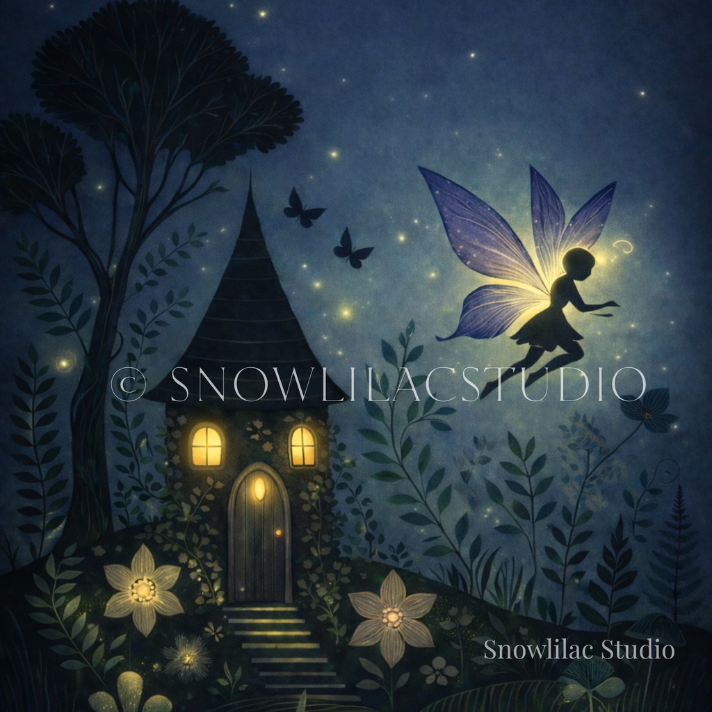 夜の森に灯る小さな家と妖精