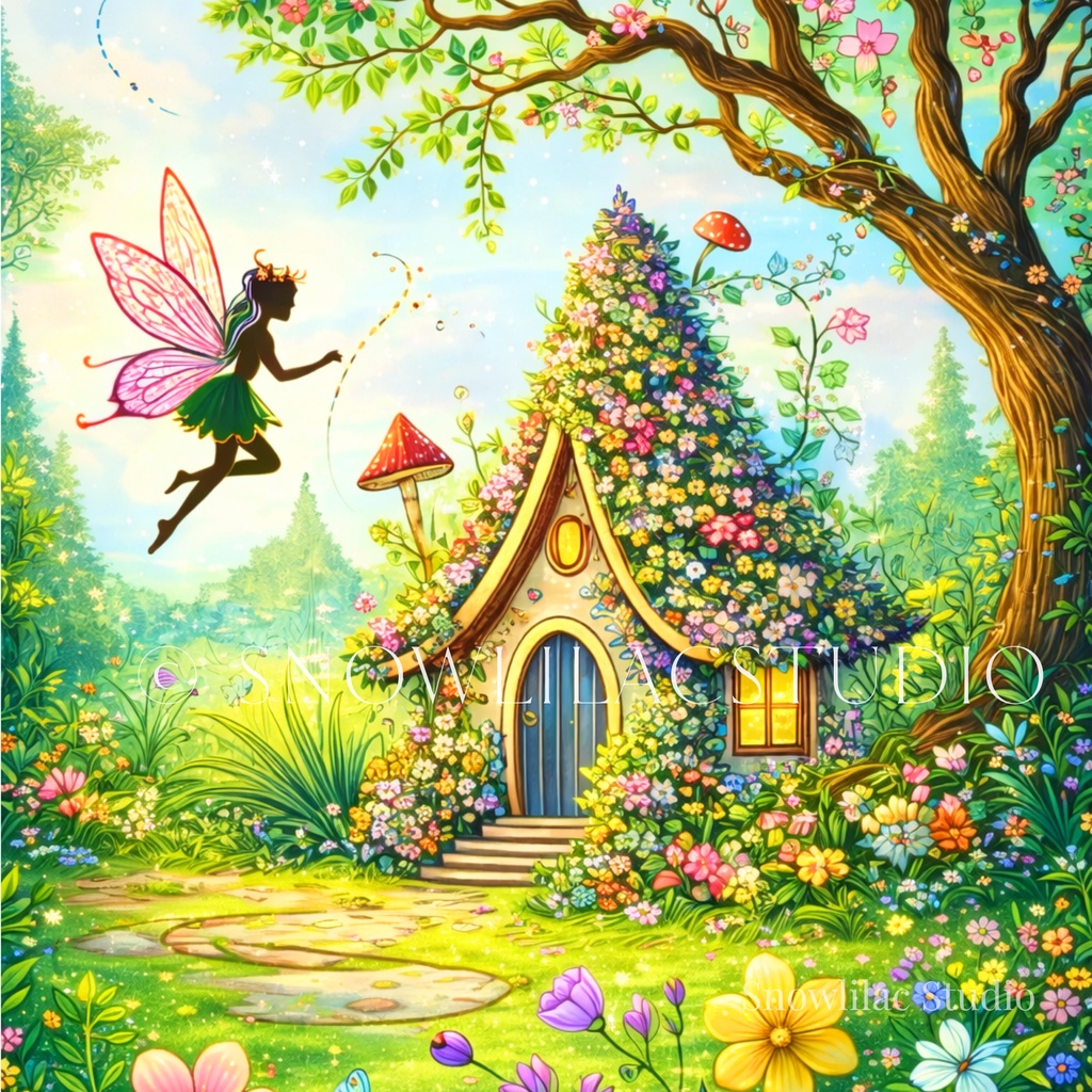 花咲く妖精の家と春の庭｜ファンタジーデジタルアート
