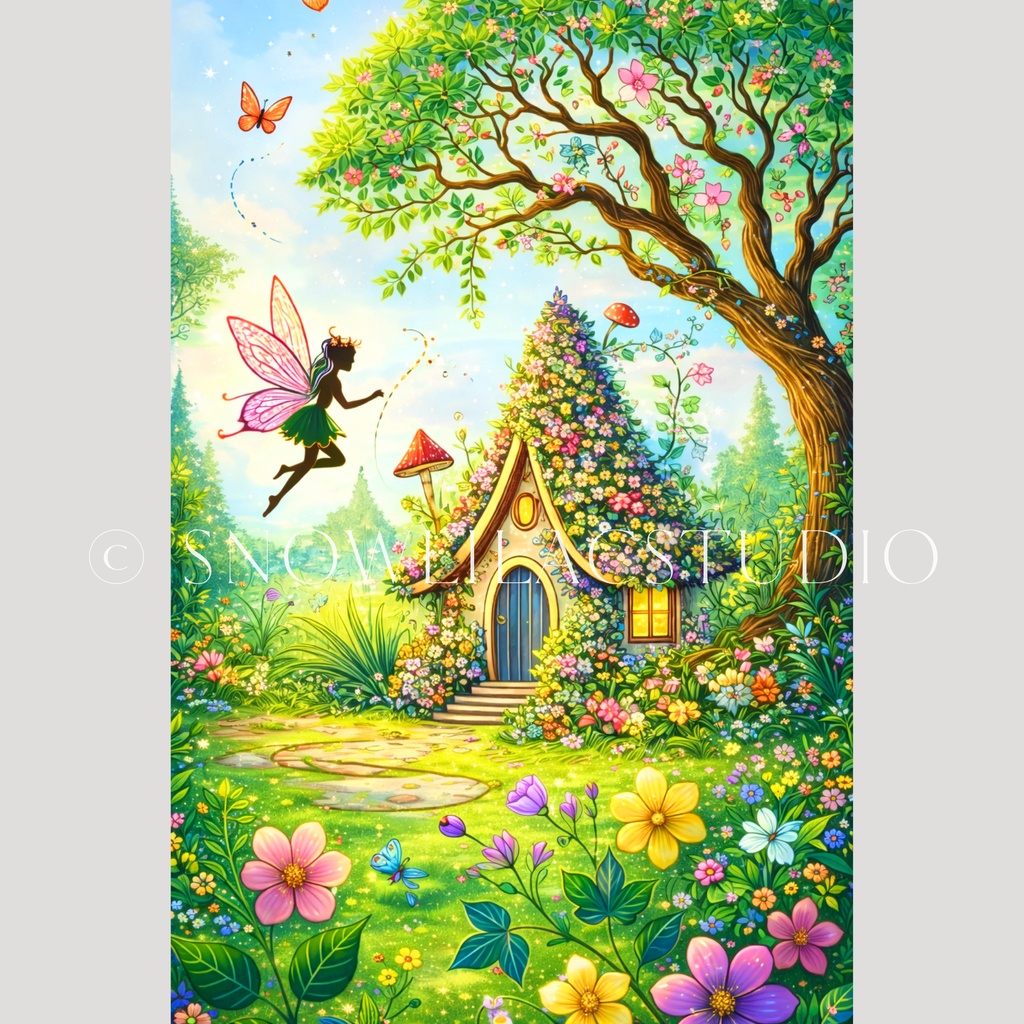 花咲く妖精の家と春の庭|ファンタジーデジタルアート