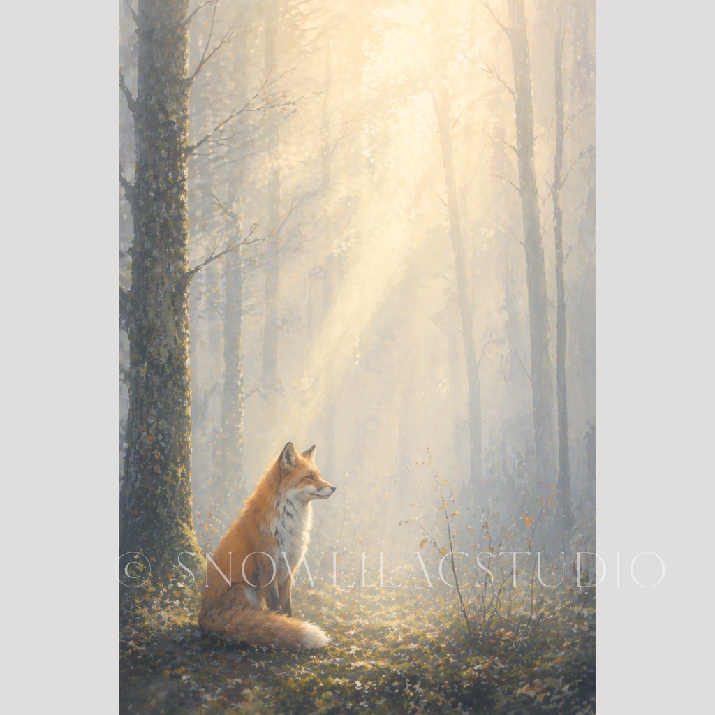 光に包まれた森のキツネ