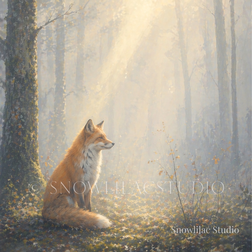 光に包まれた森のキツネ