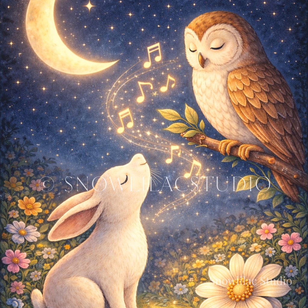 月と音楽に包まれる夜のうさぎとフクロウ｜幻想的なデジタルアート