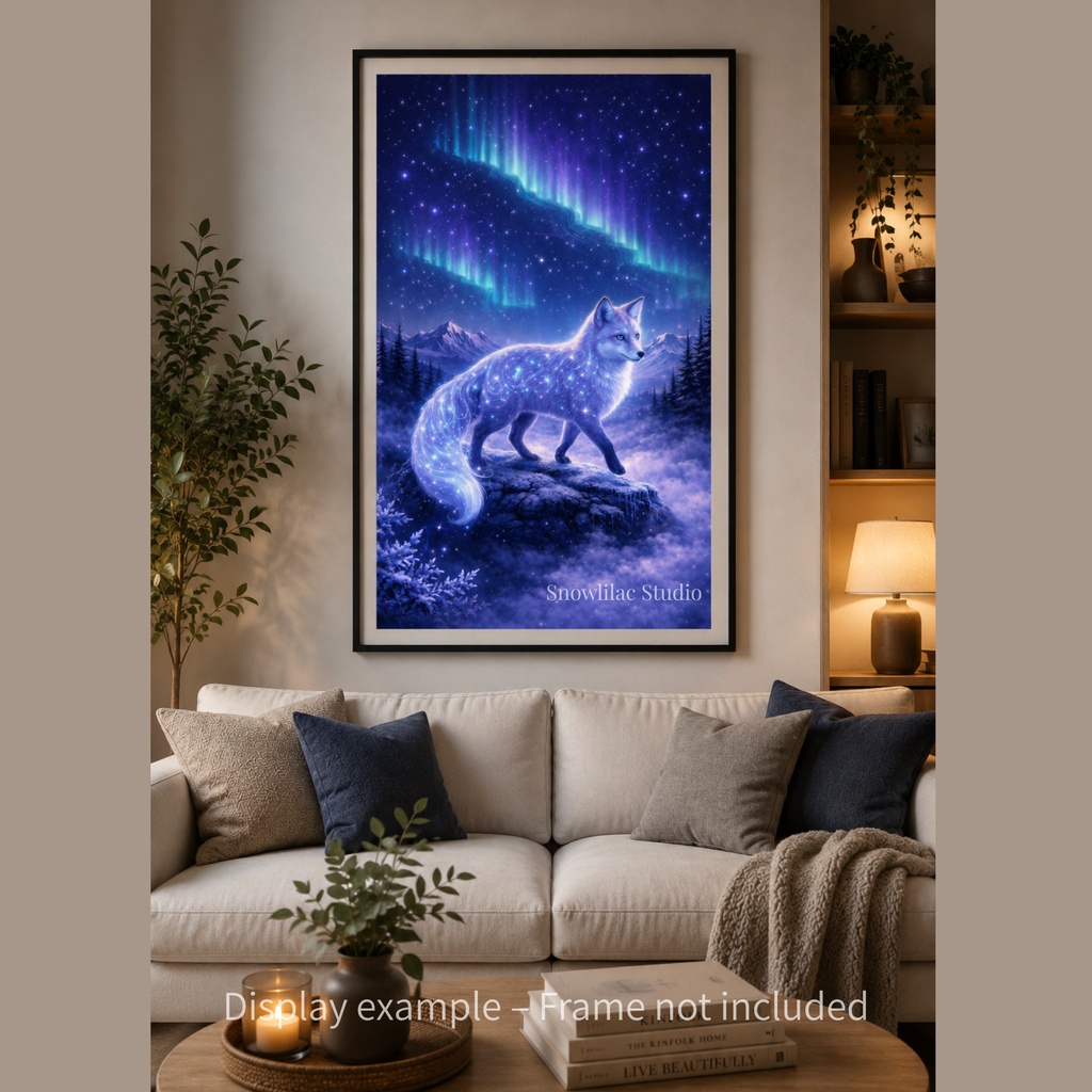星をまとった白狐とオーロラの夜|幻想デジタルアート