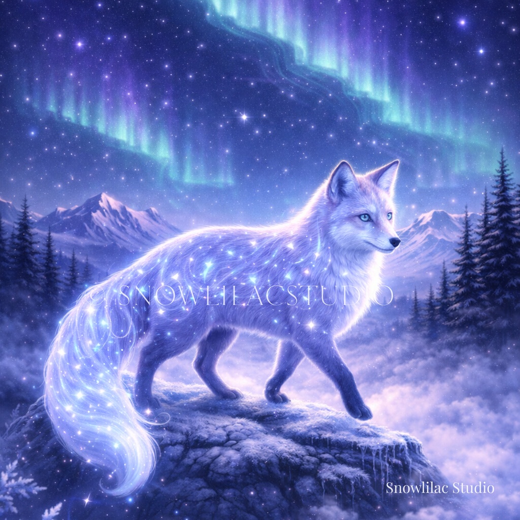星をまとった白狐とオーロラの夜｜幻想デジタルアート