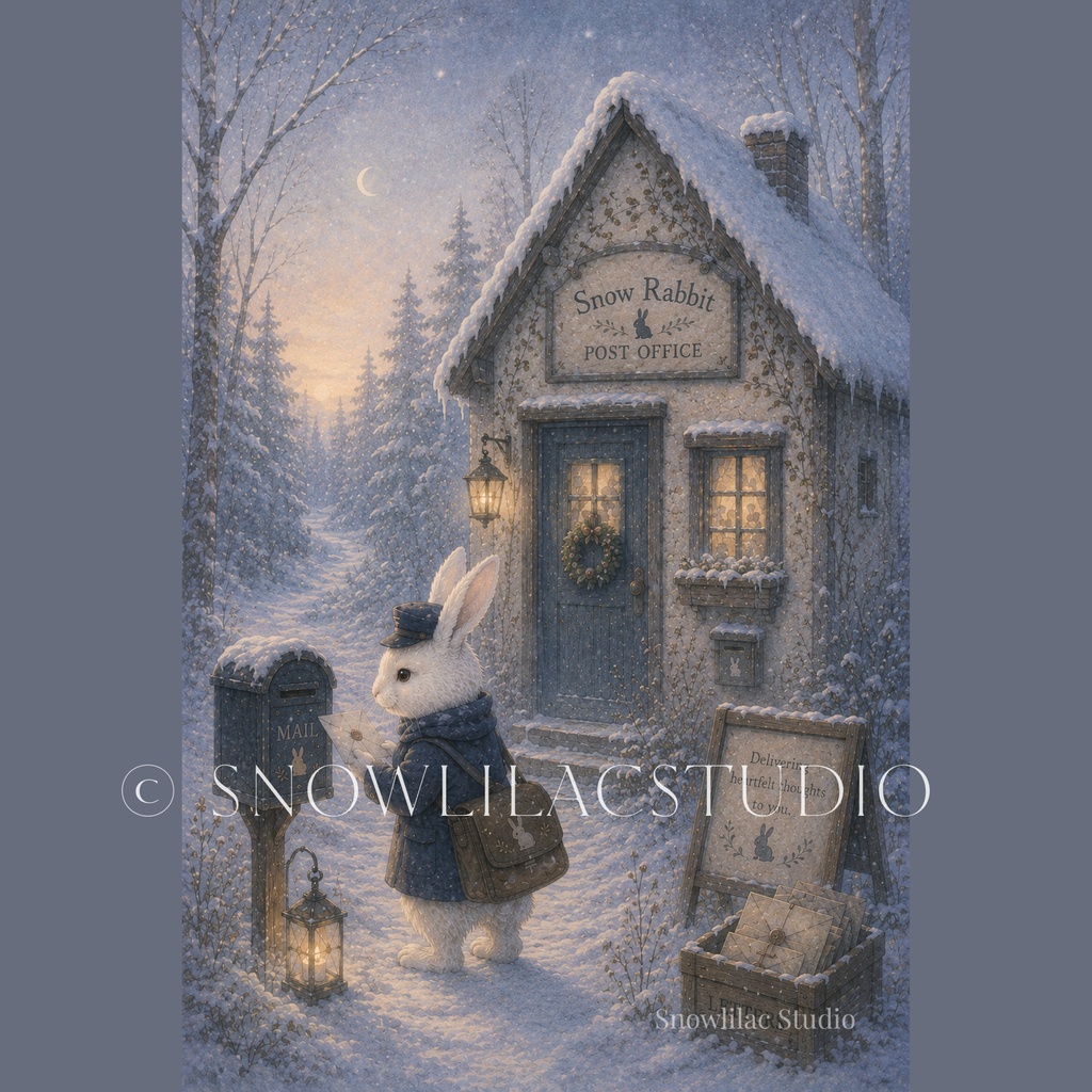 雪うさぎ郵便局 ― 静かな冬の森のデジタルアート