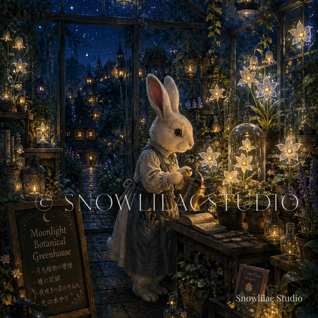 月光植物を育てる白うさぎ — 夜の温室の物語 —