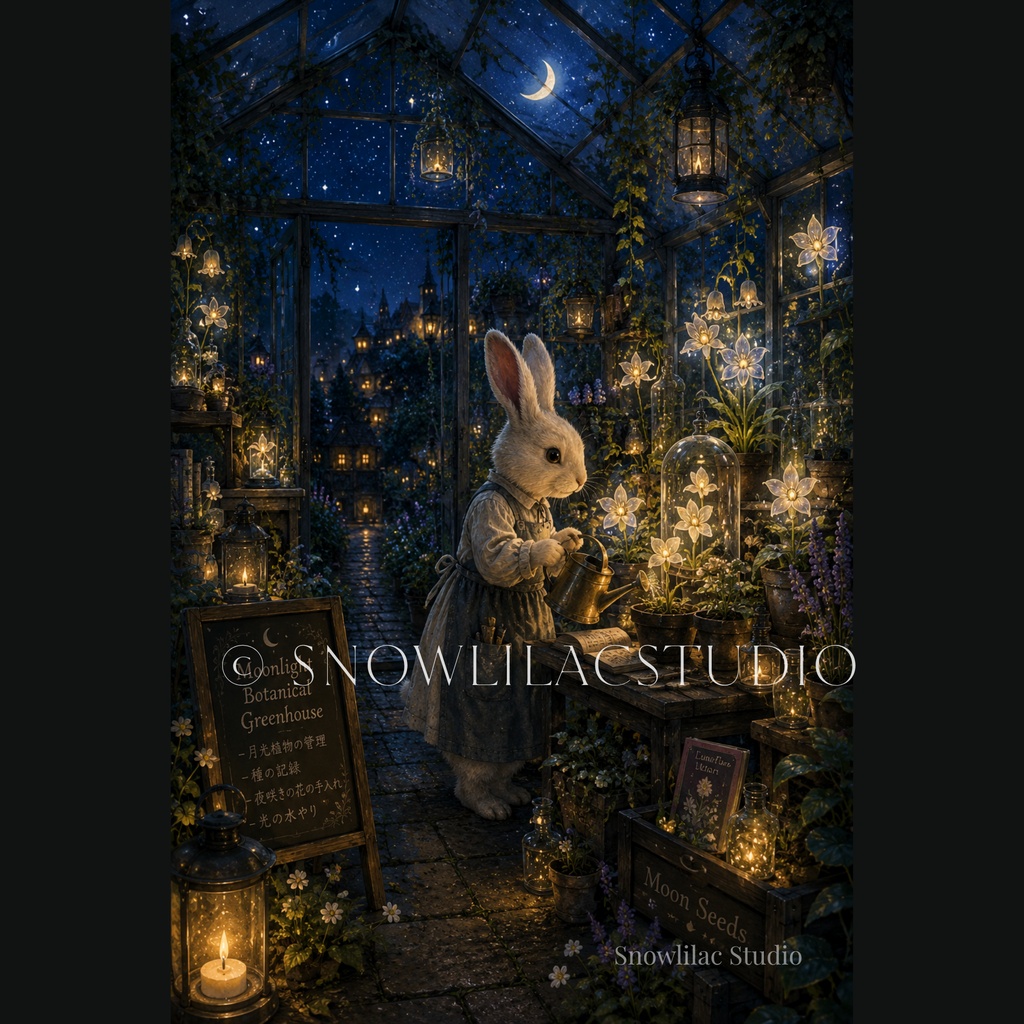 月光植物を育てる白うさぎ — 夜の温室の物語 —