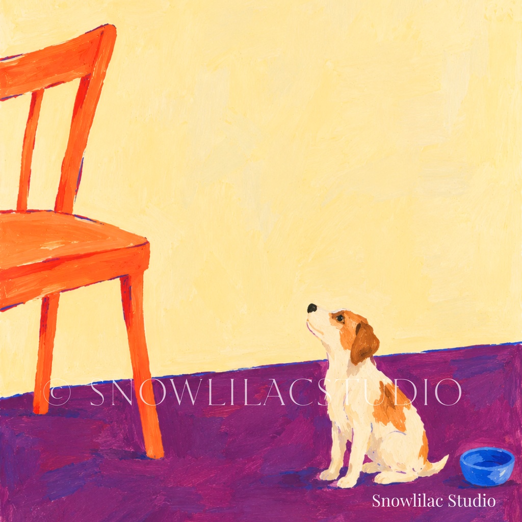 オレンジの椅子を見つめる犬｜デジタルアート