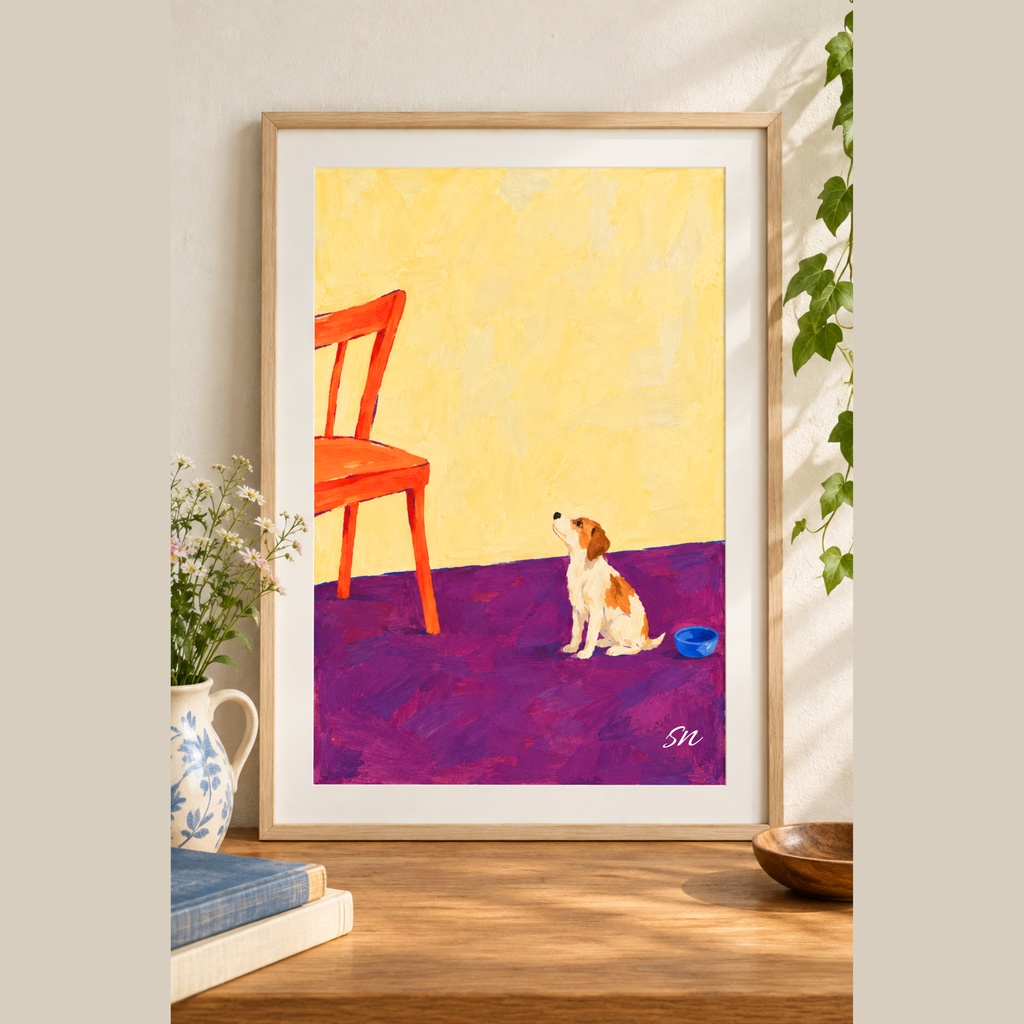 オレンジの椅子を見つめる犬|デジタルアート