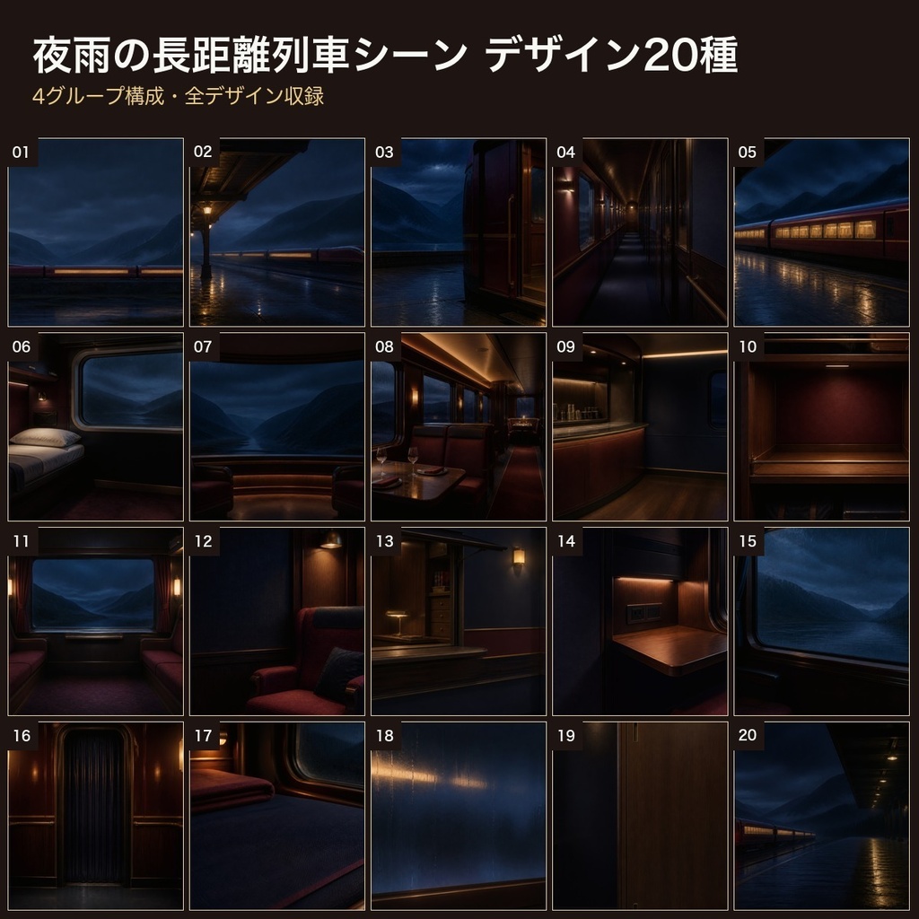 夜雨の長距離列車シーン 背景素材20種・40枚|4K・商用利用可