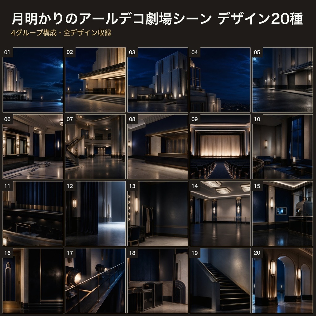 月明かりのアールデコ劇場シーン 背景素材20種・40枚|4K・商用利用可