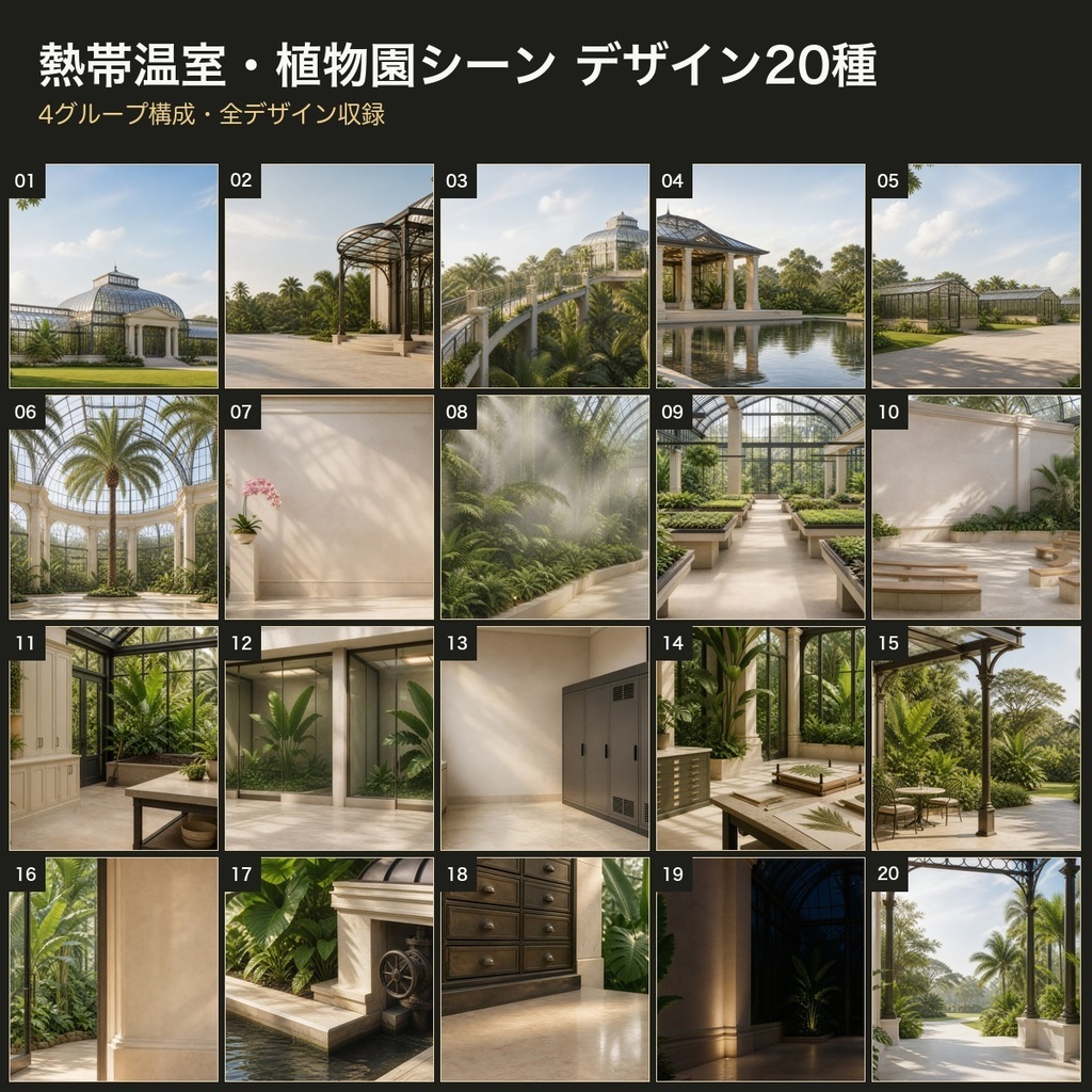 熱帯温室・植物園シーン 背景素材20種・40枚|4K・商用利用可