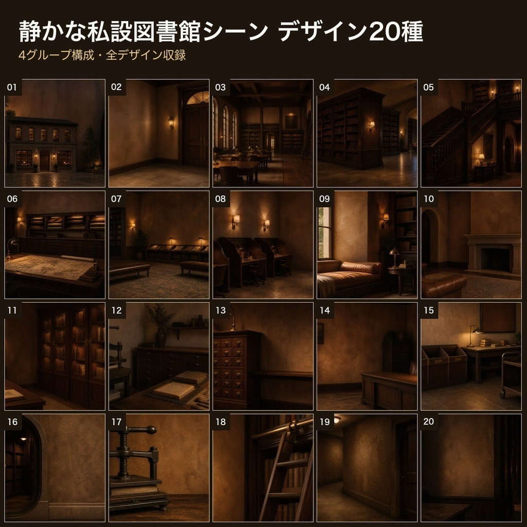 静かな私設図書館シーン 背景素材20種・40枚|4K・商用利用可