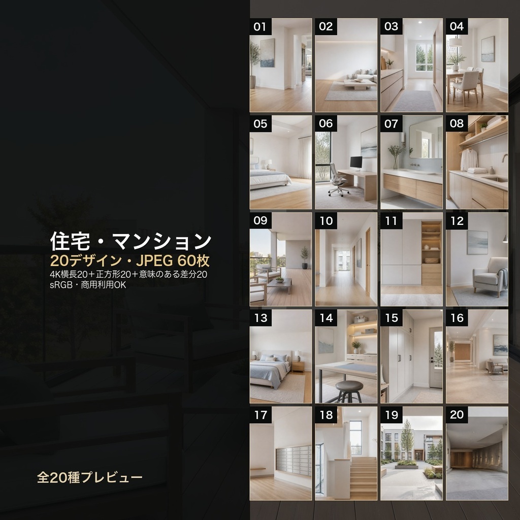住宅・マンション 背景素材20種・60枚｜4K・商用利用可