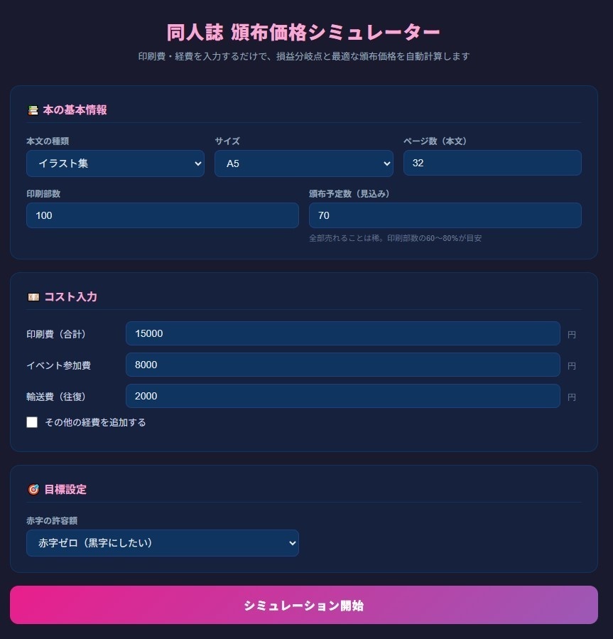 同人誌 頒布価格シミュレーター｜損益分岐点・部数比較・相場チェック