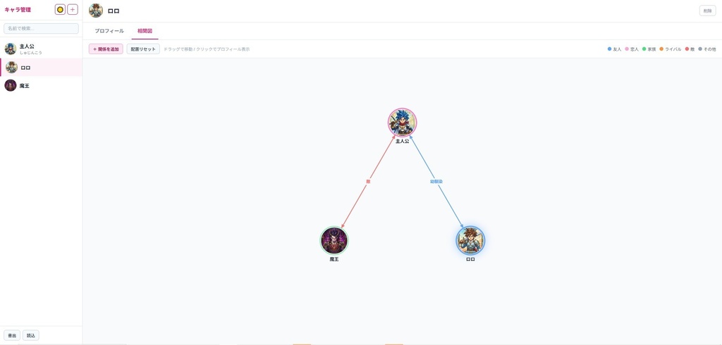 キャラクター管理ツール|設定・相関図・カスタム項目対応【ブラウザで動く】