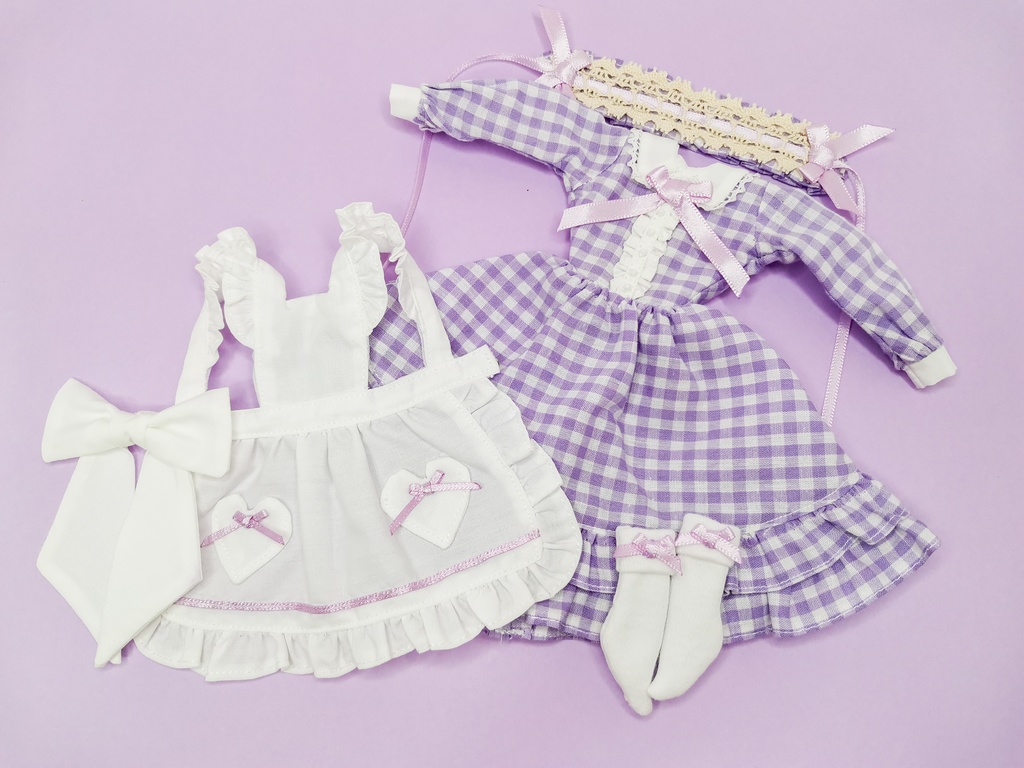 27cmサイズ ドール服 ギンガムチェックエプロンドレスセット