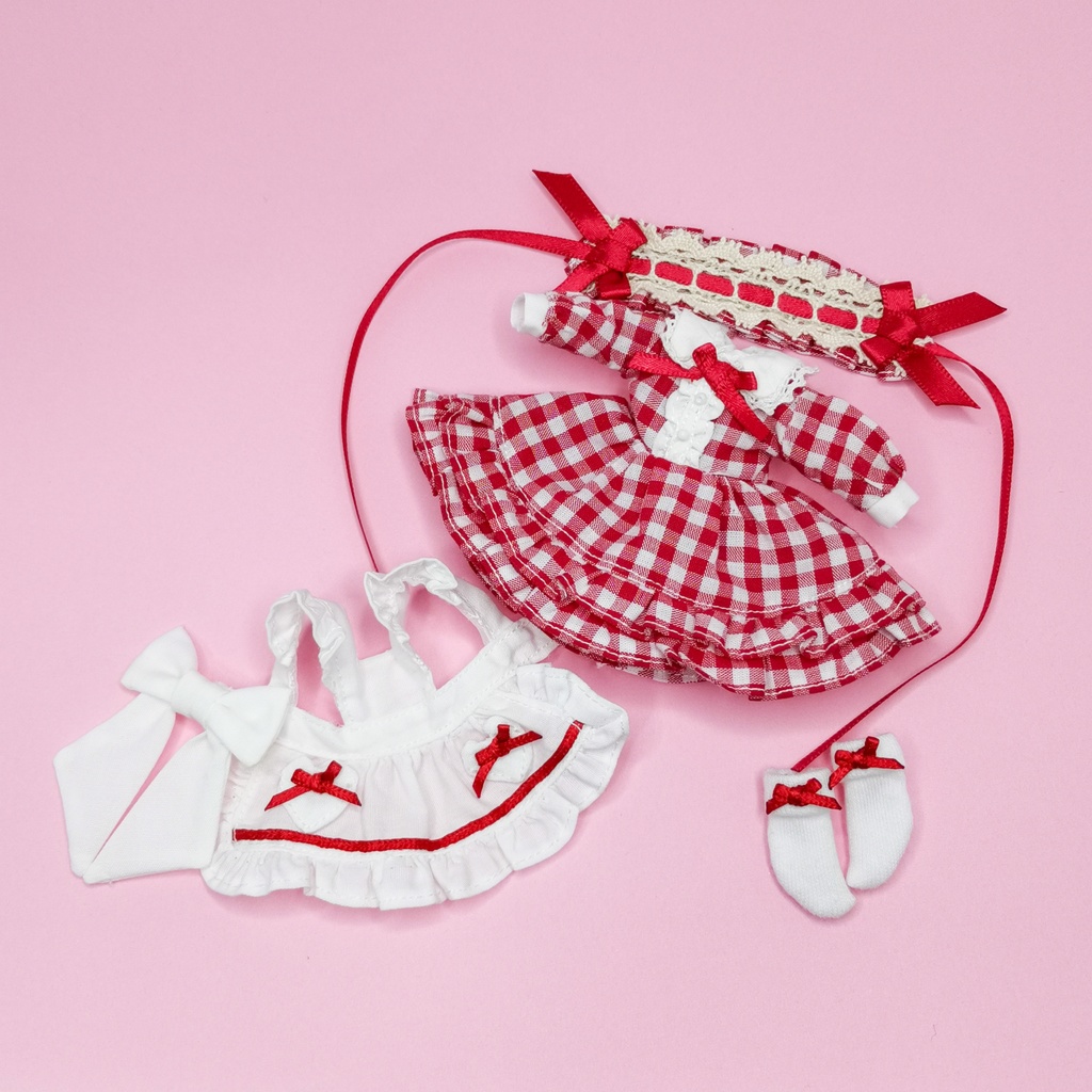 1/12サイズ ドール服 ギンガムチェックエプロンドレスセット
