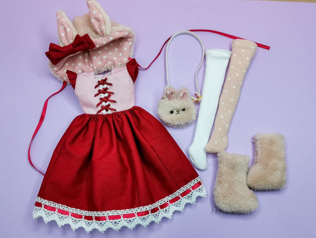 27cmサイズ ドール服 ふわふわうさぎさんワンピースセット