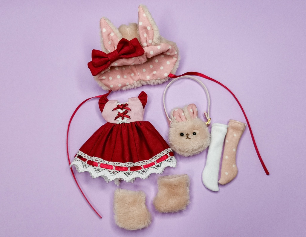 1/12サイズ ドール服 ふわふわうさぎさんワンピースセット