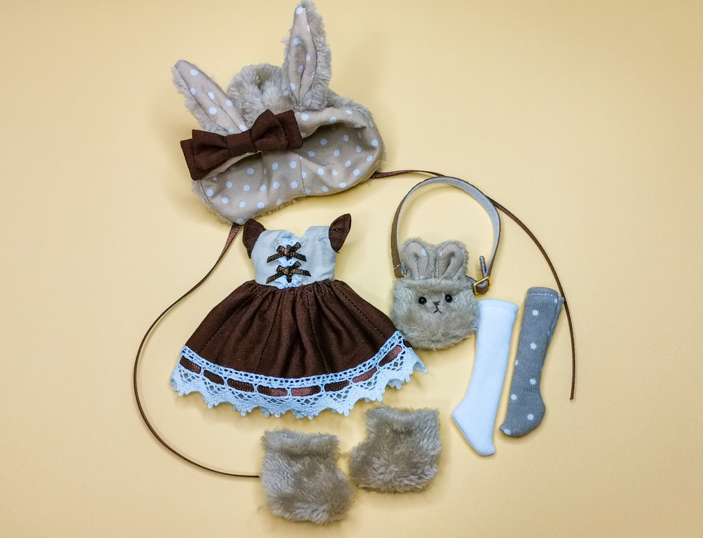 1/12サイズ ドール服 ふわふわうさぎさんワンピースセット