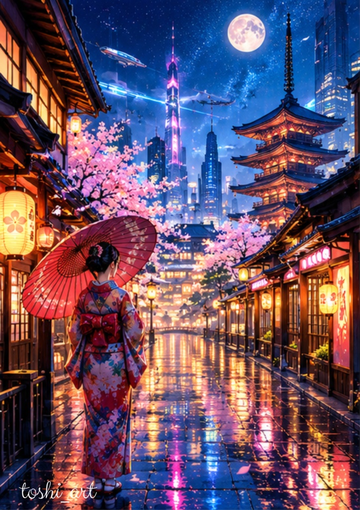 雨の京都と光る提灯