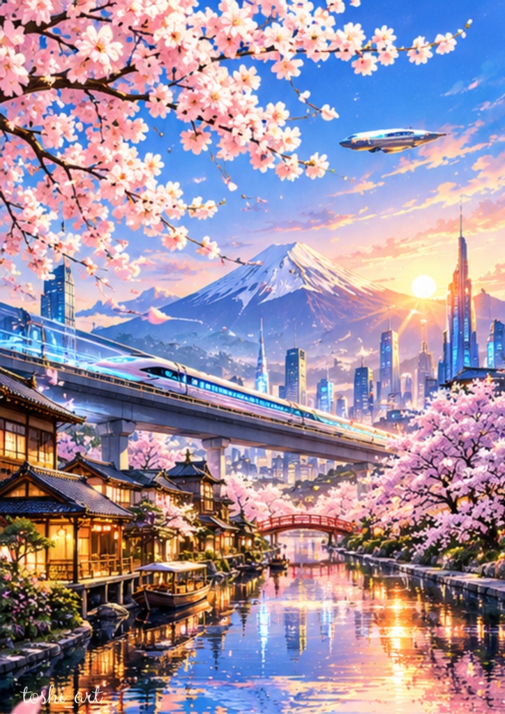 桜と富士山、未来の新幹線
