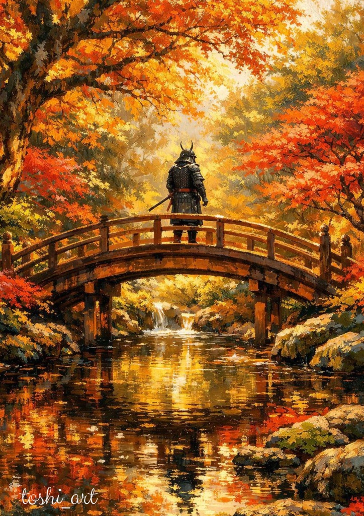 紅葉の古橋を渡る武士