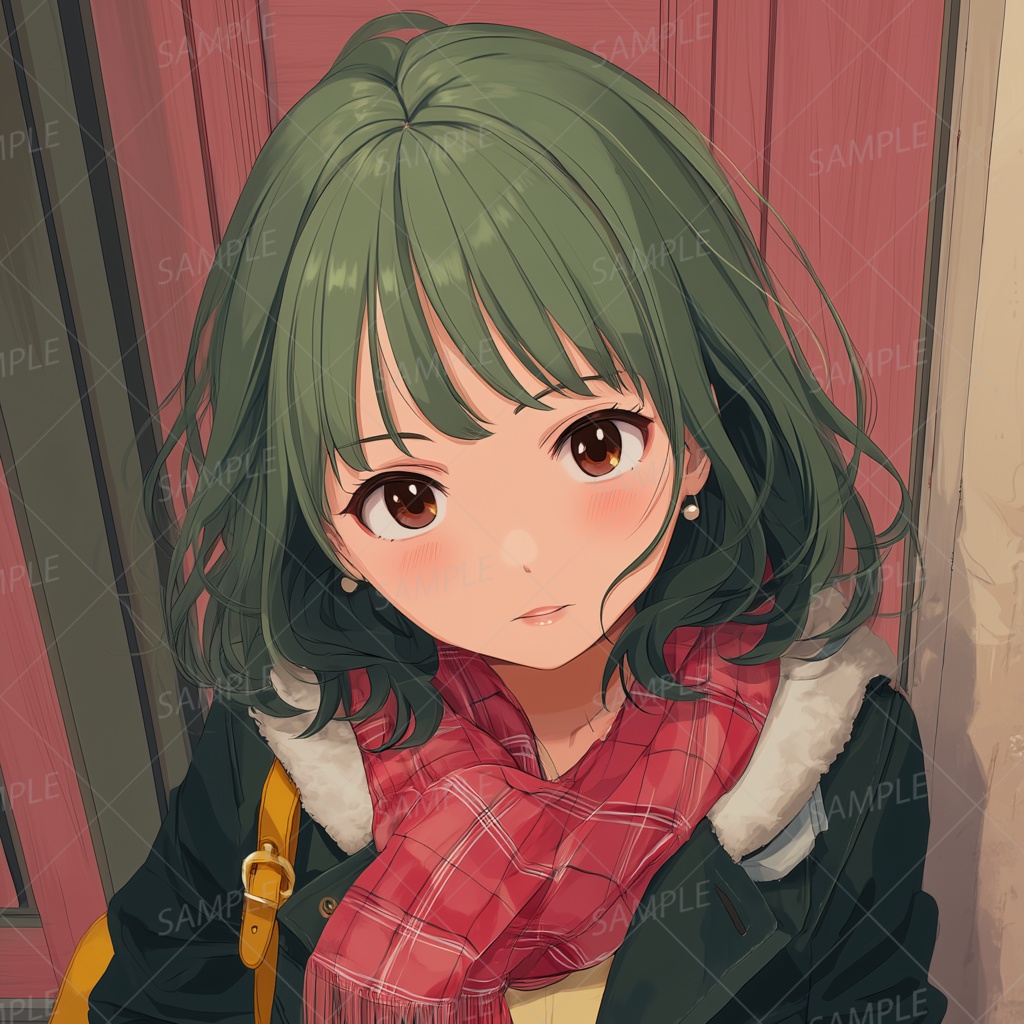 C0001：赤いチェック柄マフラーを巻いた緑髪の女子高生[スマホ壁紙・縦画面]