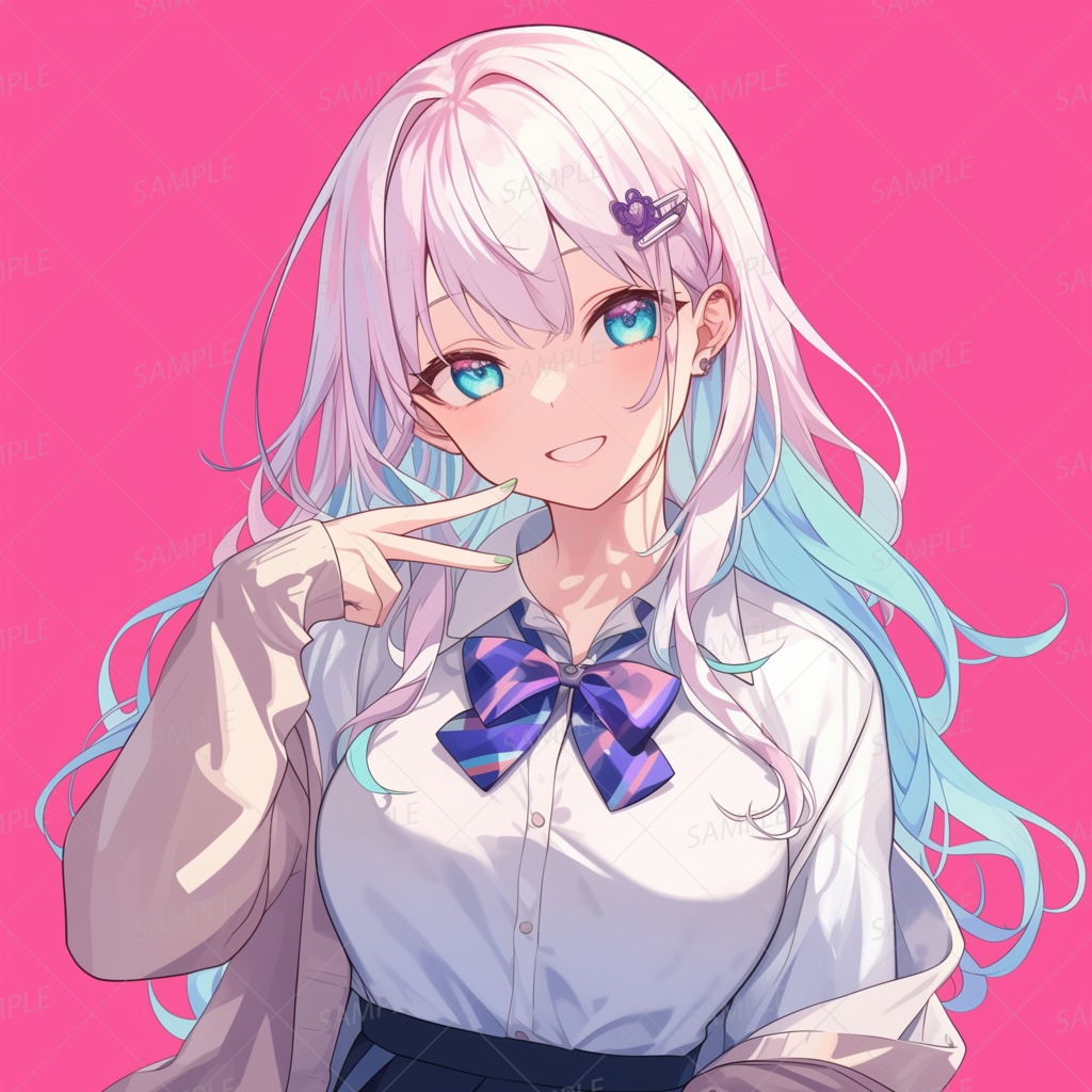 D0001：ピースサインする水色メッシュ入り髪の制服少女[アイコン・正方形]