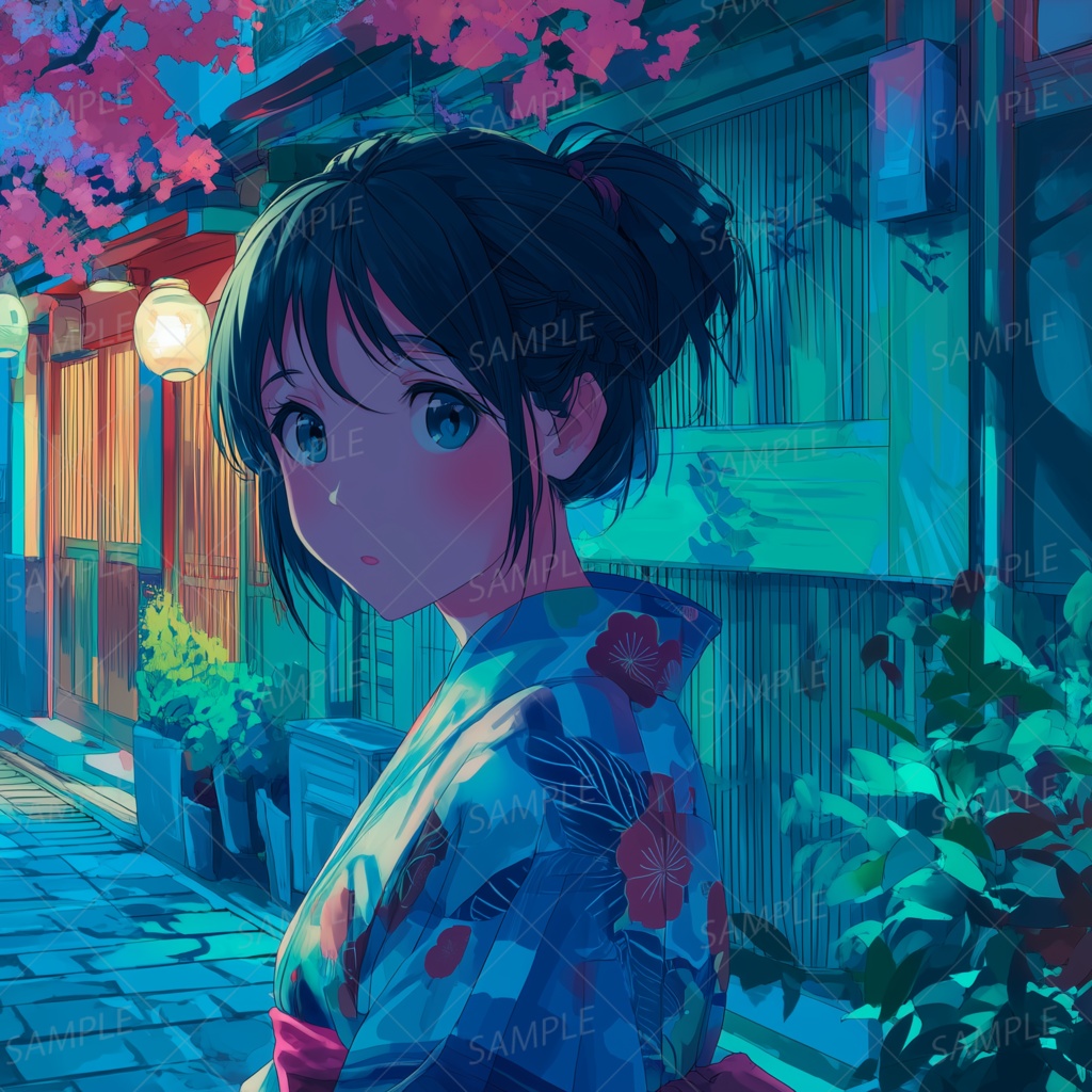 B0004：夜の路地裏で振り返る浴衣を着た少女[PC壁紙・横画面]