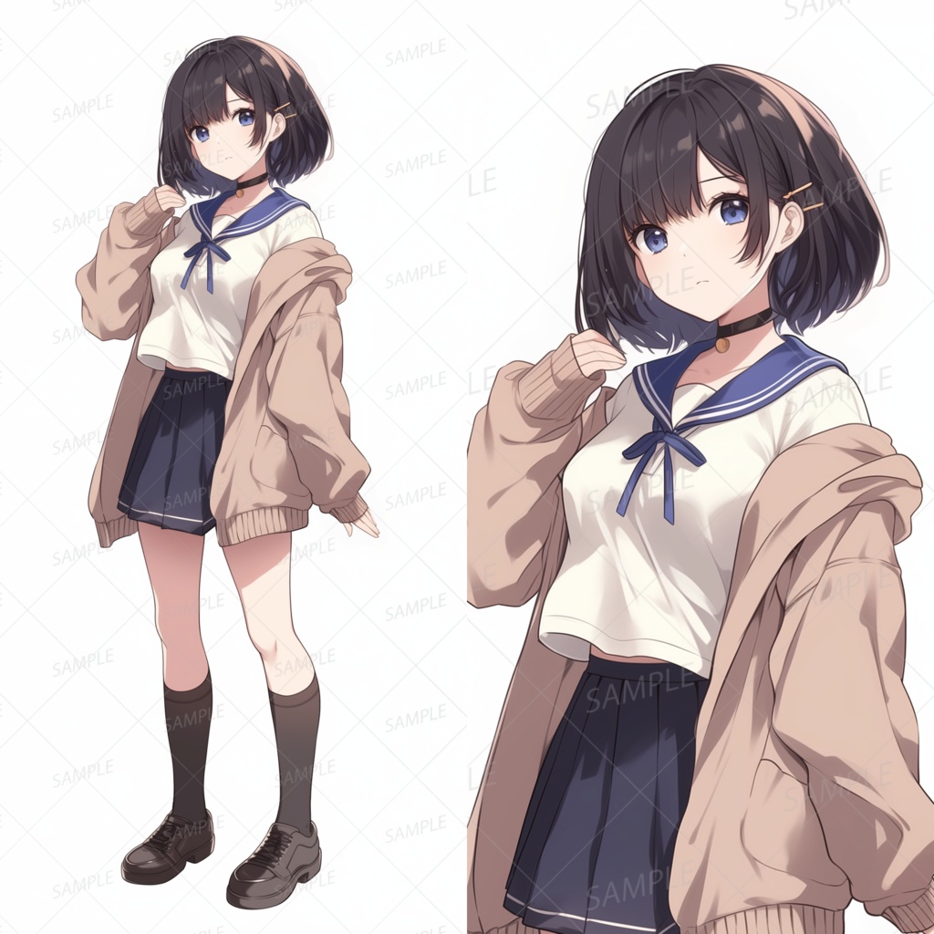 A0001：セーラー服にベージュのカーディガンの女子学生[立ち絵・縦画面]