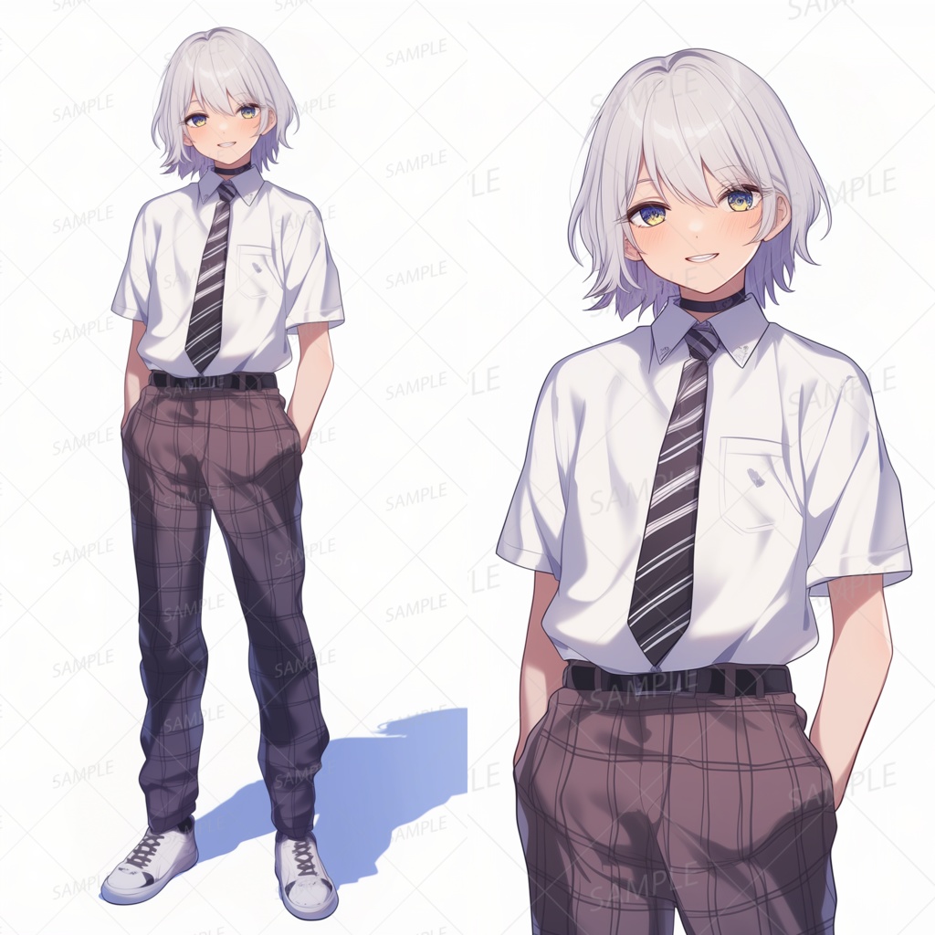 A0006：チェックのスラックスを履いた白髪学生[立ち絵・縦画面]