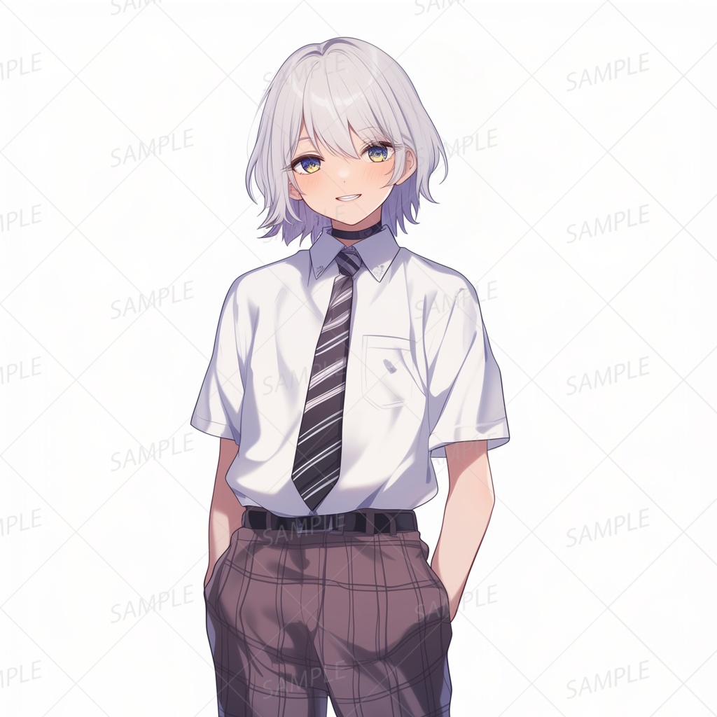 A0006：チェックのスラックスを履いた白髪学生[立ち絵・縦画面]