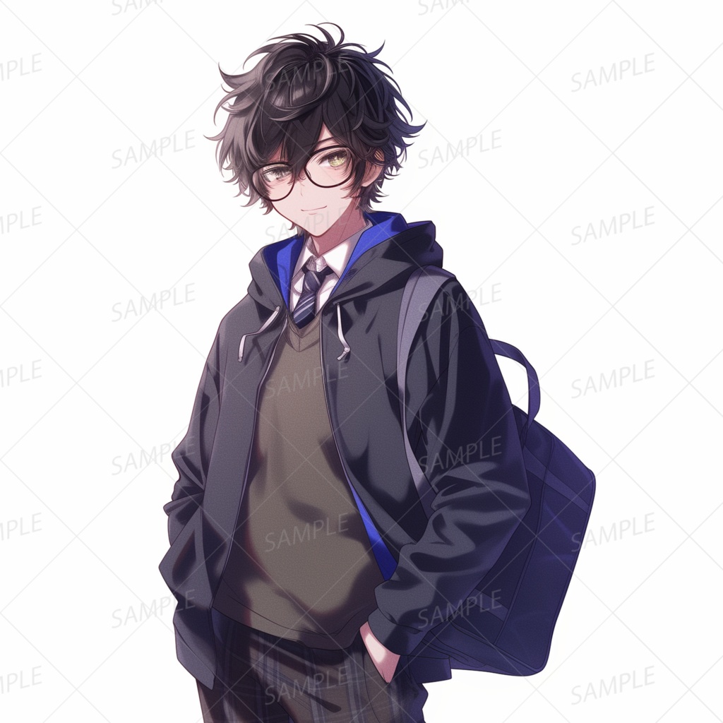 A0009：ラフなメガネの制服スタイルの男子高校生[立ち絵・縦画面]